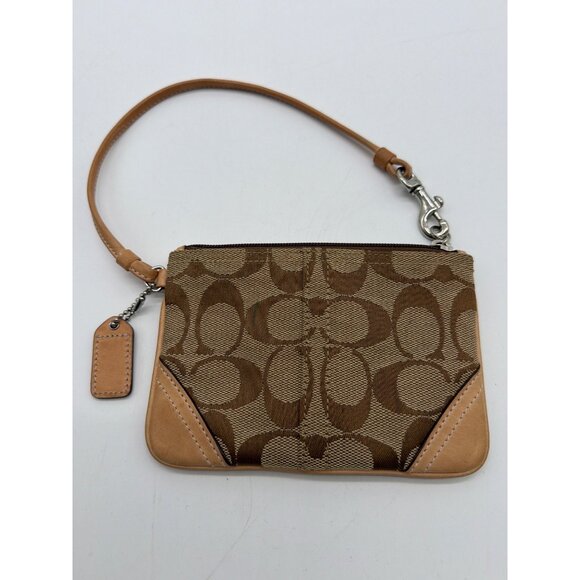 Coach Signature Brown & Tan Canvas Leather Wristlet With Zipper Closure & Detach - Picture 3 of 10